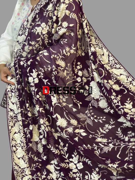 Wine And Ivory Hand Embroidered Parsi Gara Dupatta