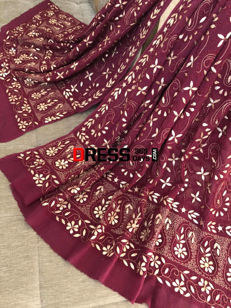 Wine Gota Patti Chikankari Dupatta