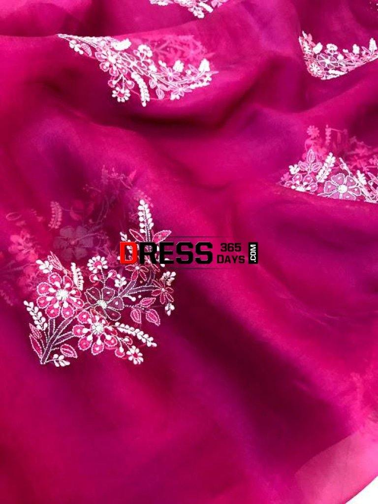Wine Hand Embroidered Mukaish Chikankari Saree- Organza Saree