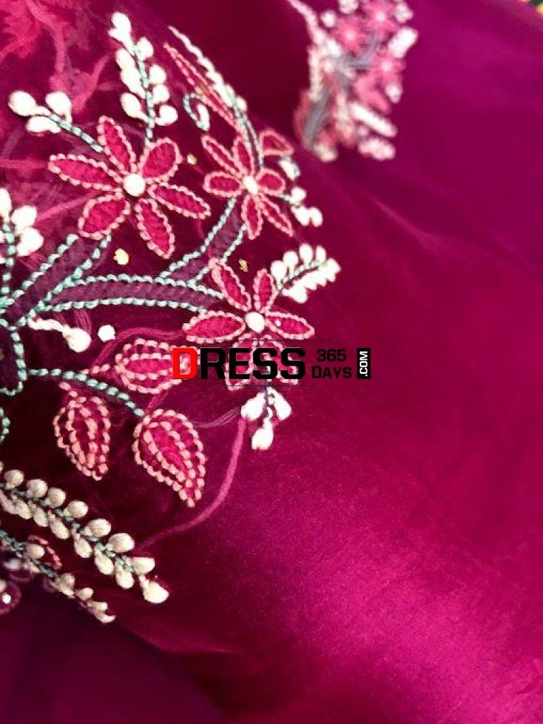 Wine Hand Embroidered Mukaish Chikankari Saree- Organza Saree