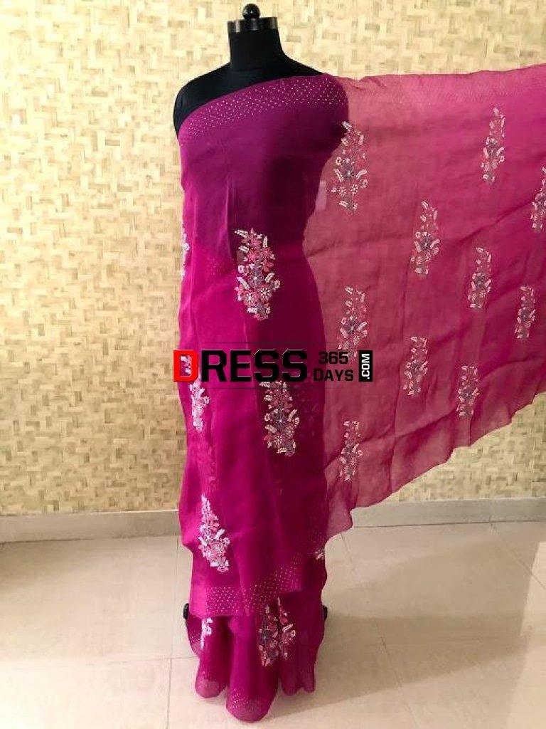 Wine Hand Embroidered Mukaish Chikankari Saree- Organza Saree