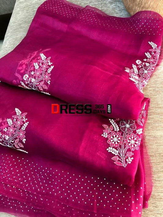 Wine Hand Embroidered Mukaish Chikankari Saree- Organza Saree