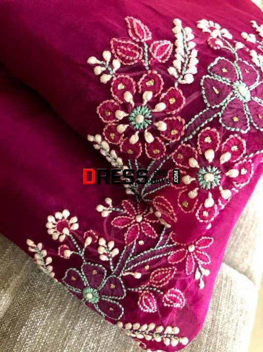 Wine Hand Embroidered Mukaish Chikankari Saree- Organza Saree