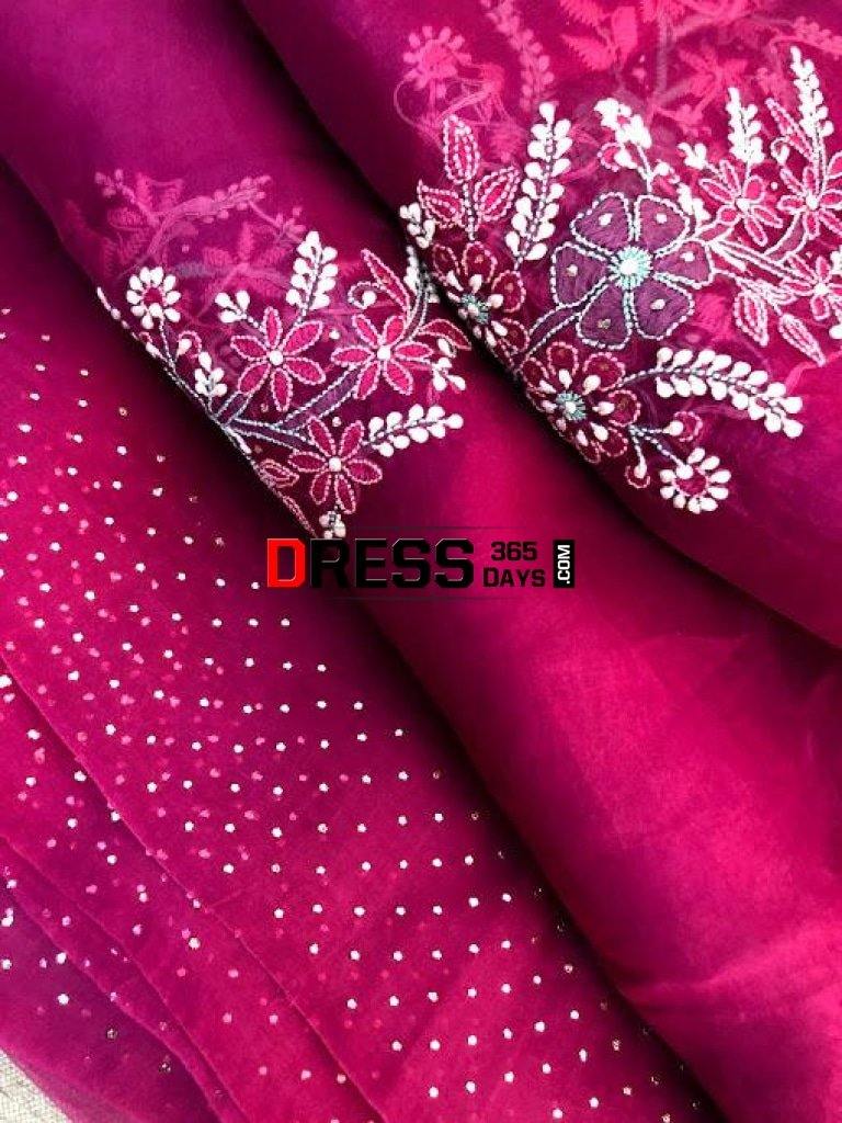 Wine Hand Embroidered Mukaish Chikankari Saree- Organza Saree
