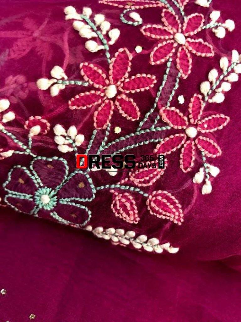 Wine Hand Embroidered Mukaish Chikankari Saree- Organza Saree