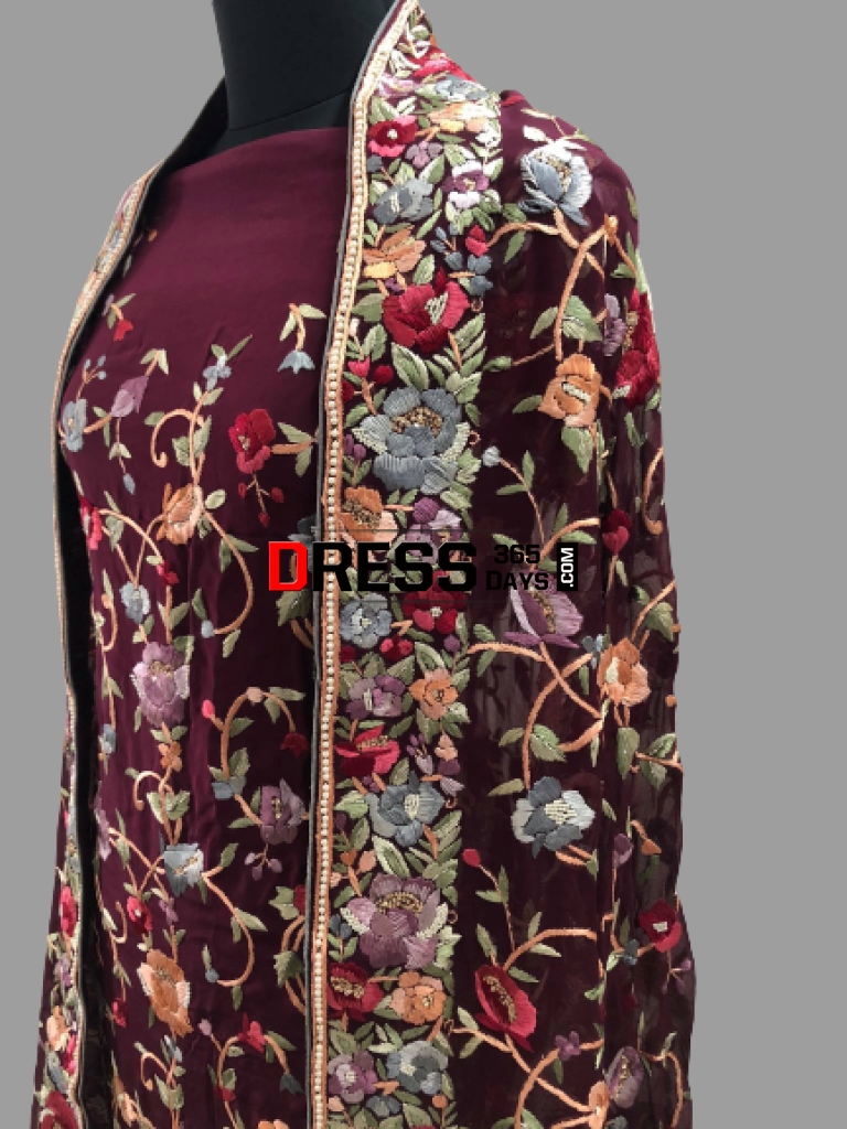 Wine Hand Embroidered Parsi Gara Three Piece Suit Suits