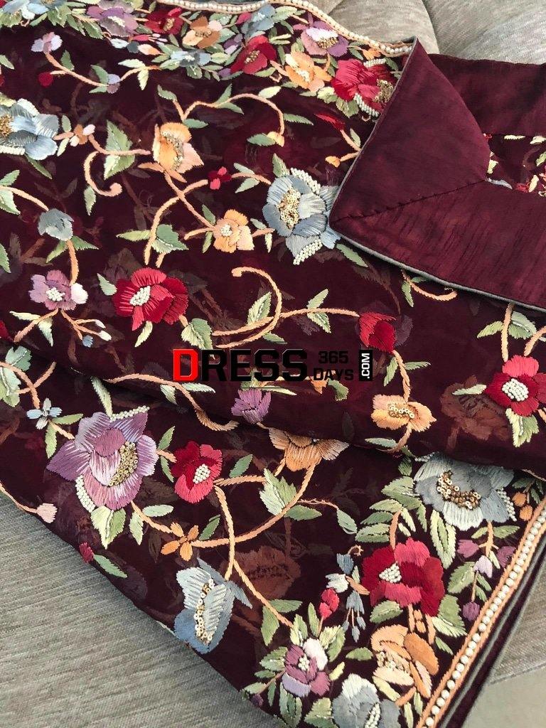 Wine Hand Embroidered Parsi Gara Three Piece Suit Suits