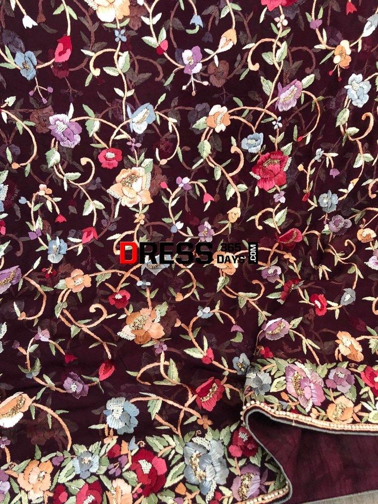Wine Hand Embroidered Parsi Gara Three Piece Suit Suits