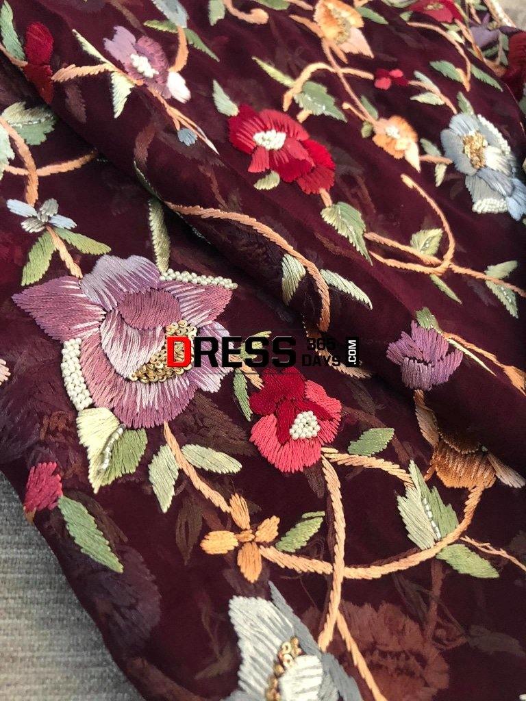 Wine Hand Embroidered Parsi Gara Three Piece Suit Suits