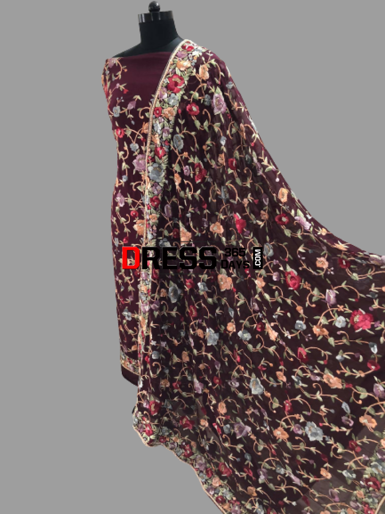 Wine Hand Embroidered Parsi Gara Three Piece Suit Suits