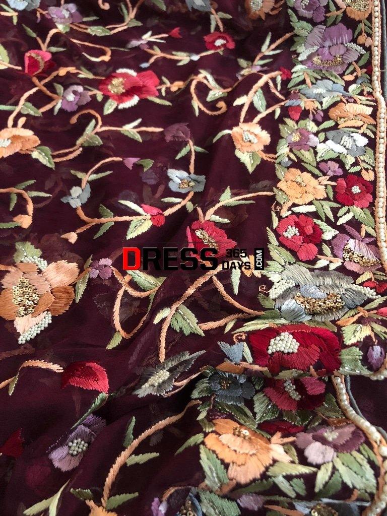 Wine Hand Embroidered Parsi Gara Three Piece Suit Suits
