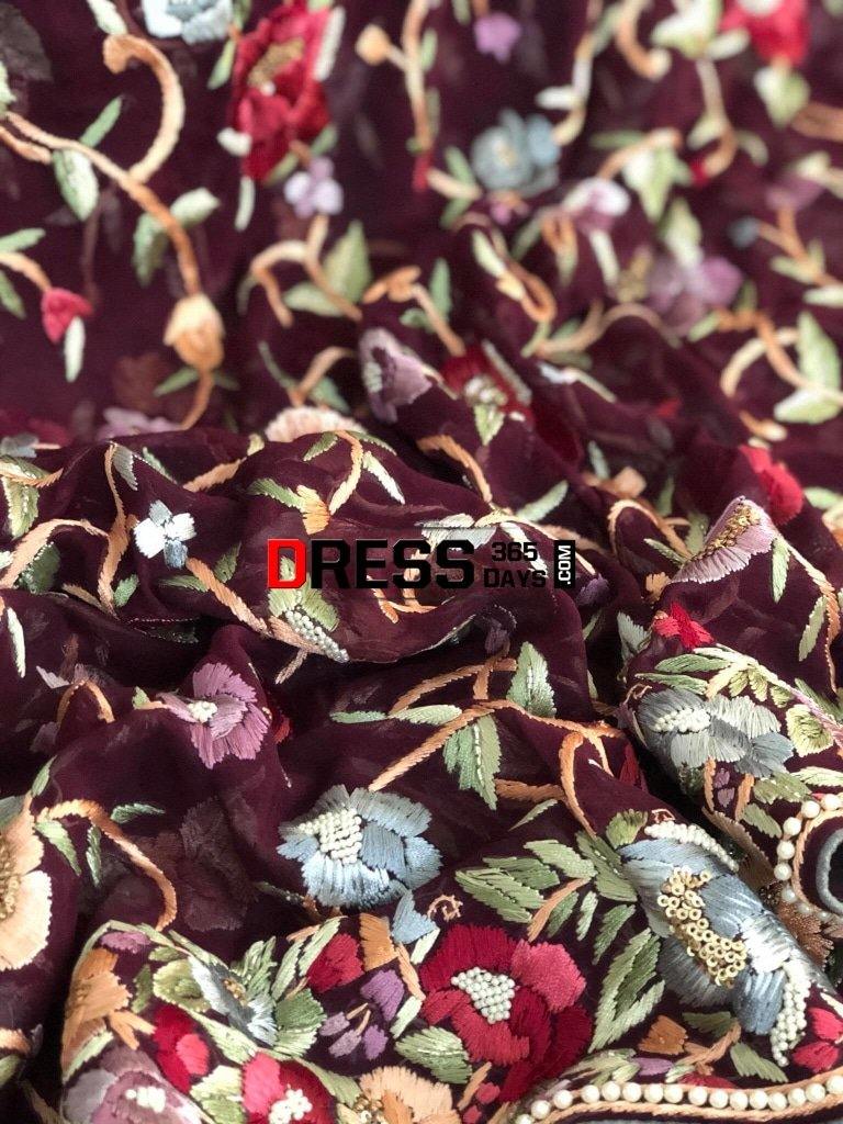 Wine Hand Embroidered Parsi Gara Three Piece Suit Suits