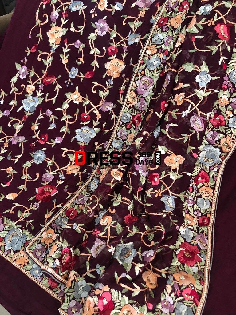 Wine Hand Embroidered Parsi Gara Three Piece Suit Suits