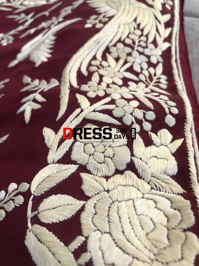 Wine & Ivory Hand Embroidered Parsi Gara Saree