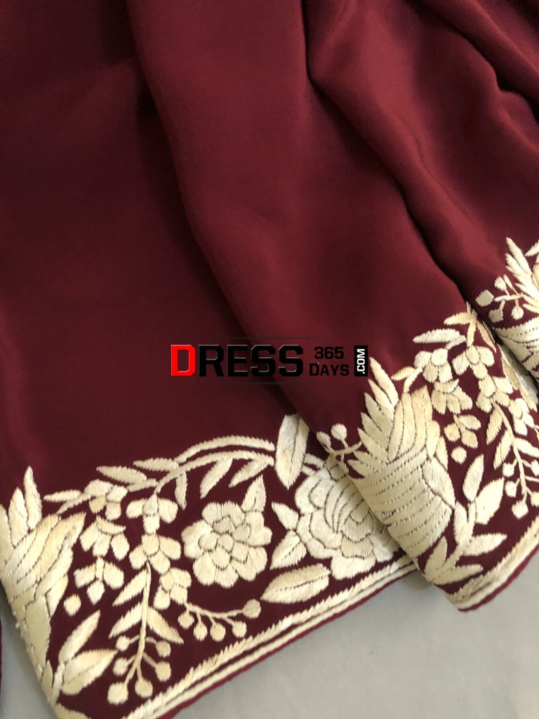 Wine & Ivory Hand Embroidered Parsi Gara Saree