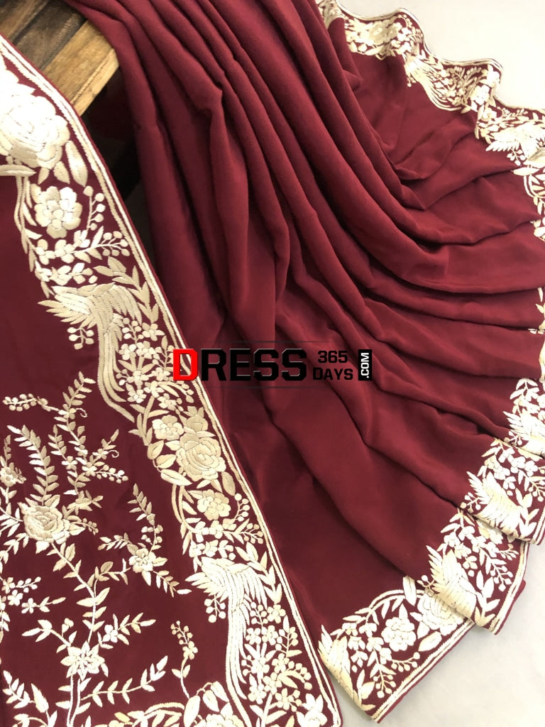 Wine & Ivory Hand Embroidered Parsi Gara Saree
