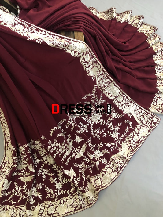 Wine & Ivory Hand Embroidered Parsi Gara Saree