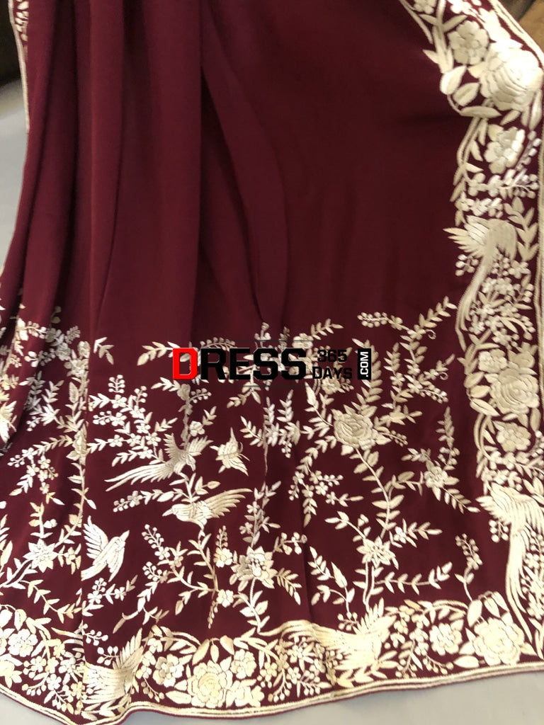 Wine & Ivory Hand Embroidered Parsi Gara Saree