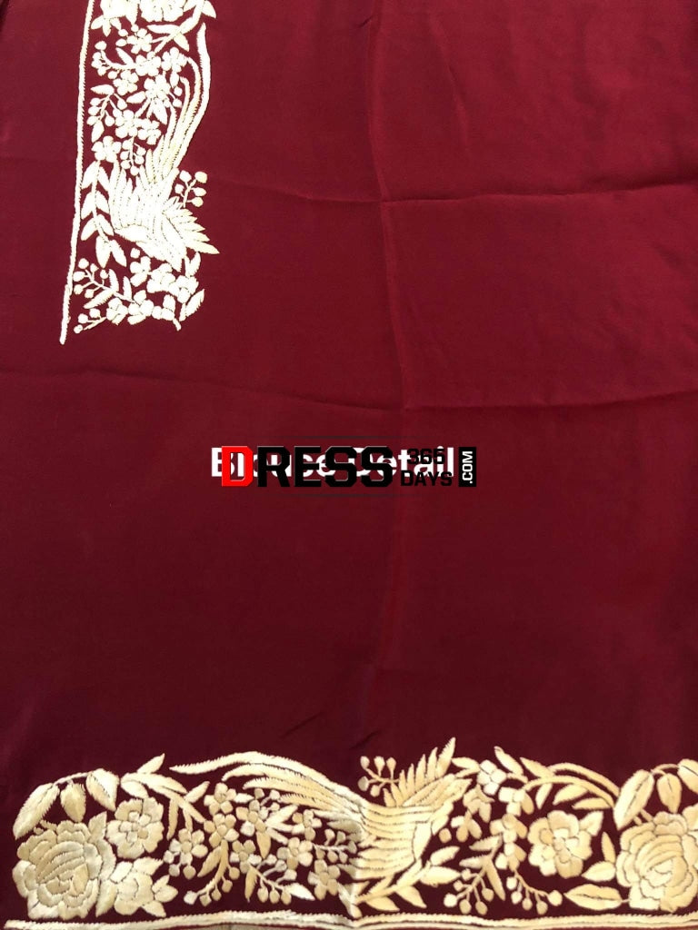 Wine & Ivory Hand Embroidered Parsi Gara Saree