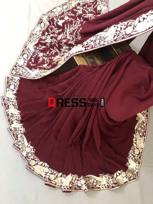 Wine & Ivory Hand Embroidered Parsi Gara Saree