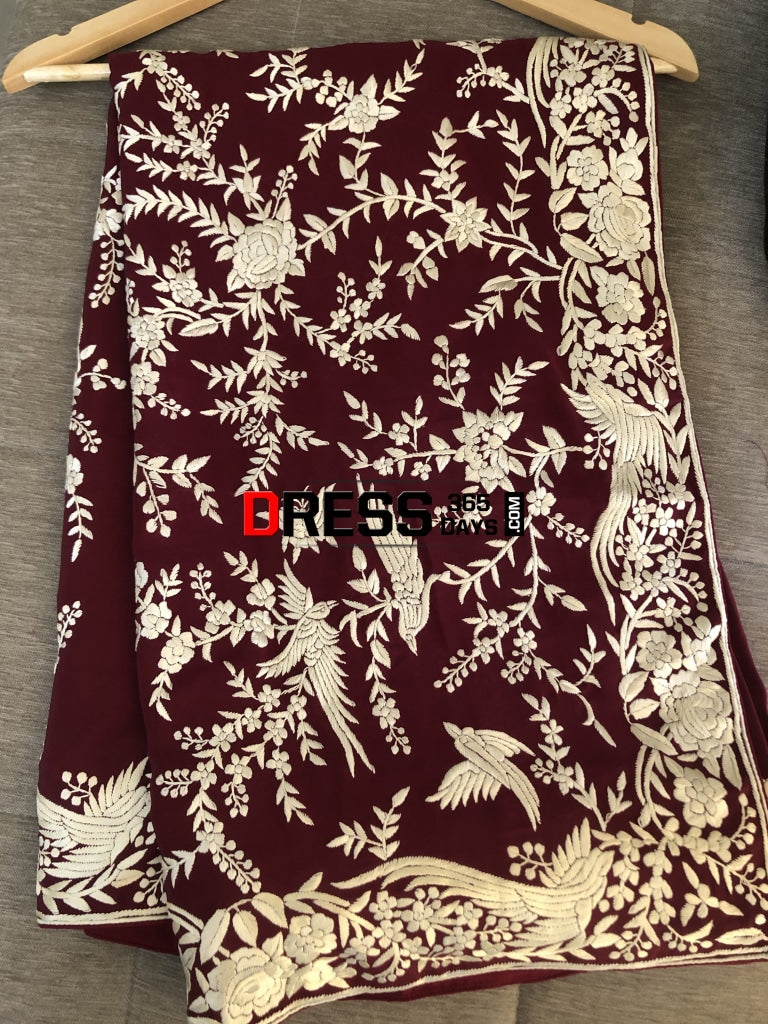 Wine & Ivory Hand Embroidered Parsi Gara Saree
