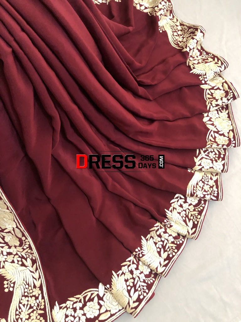 Wine & Ivory Hand Embroidered Parsi Gara Saree
