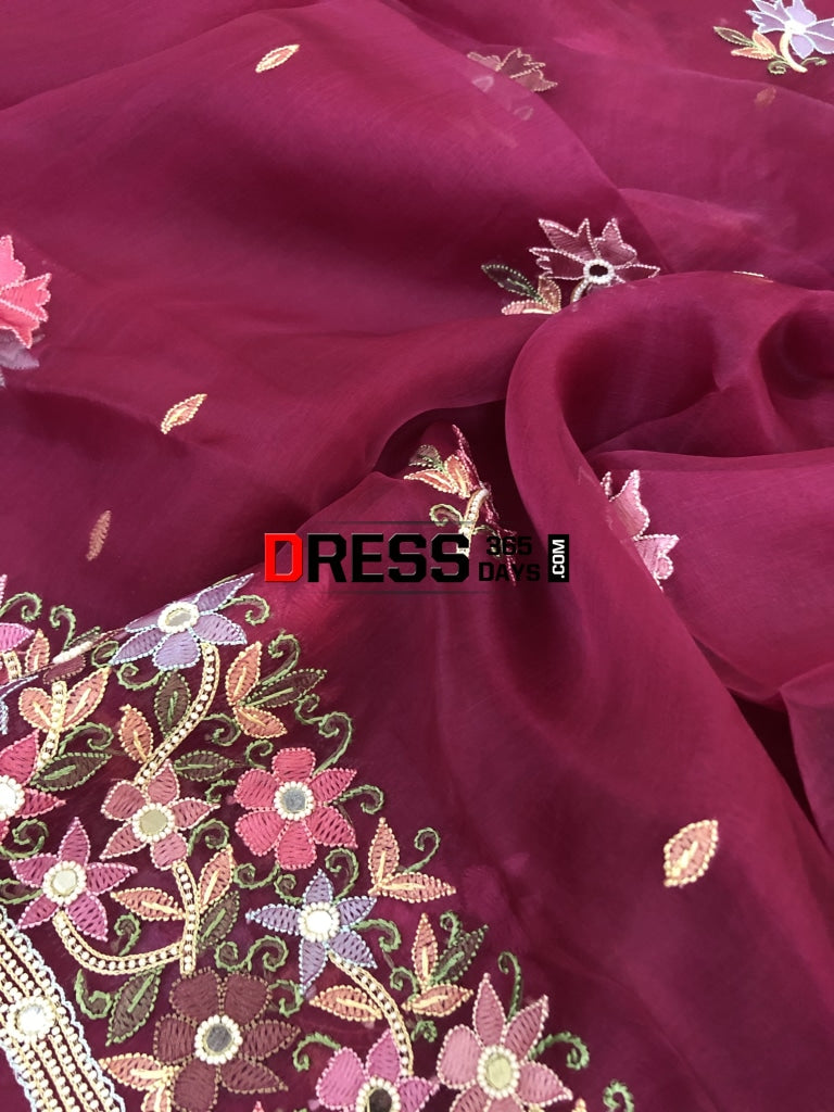 Wine Organza Pearl Chikankari Suit Suits
