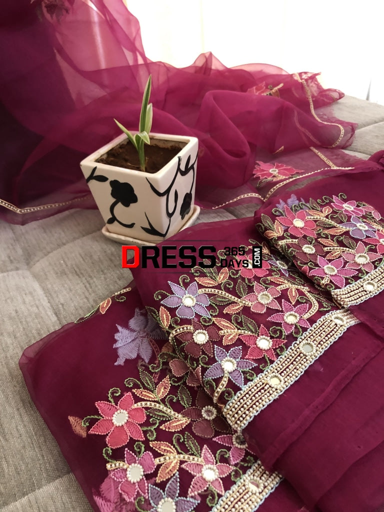 Wine Organza Pearl Chikankari Suit Suits