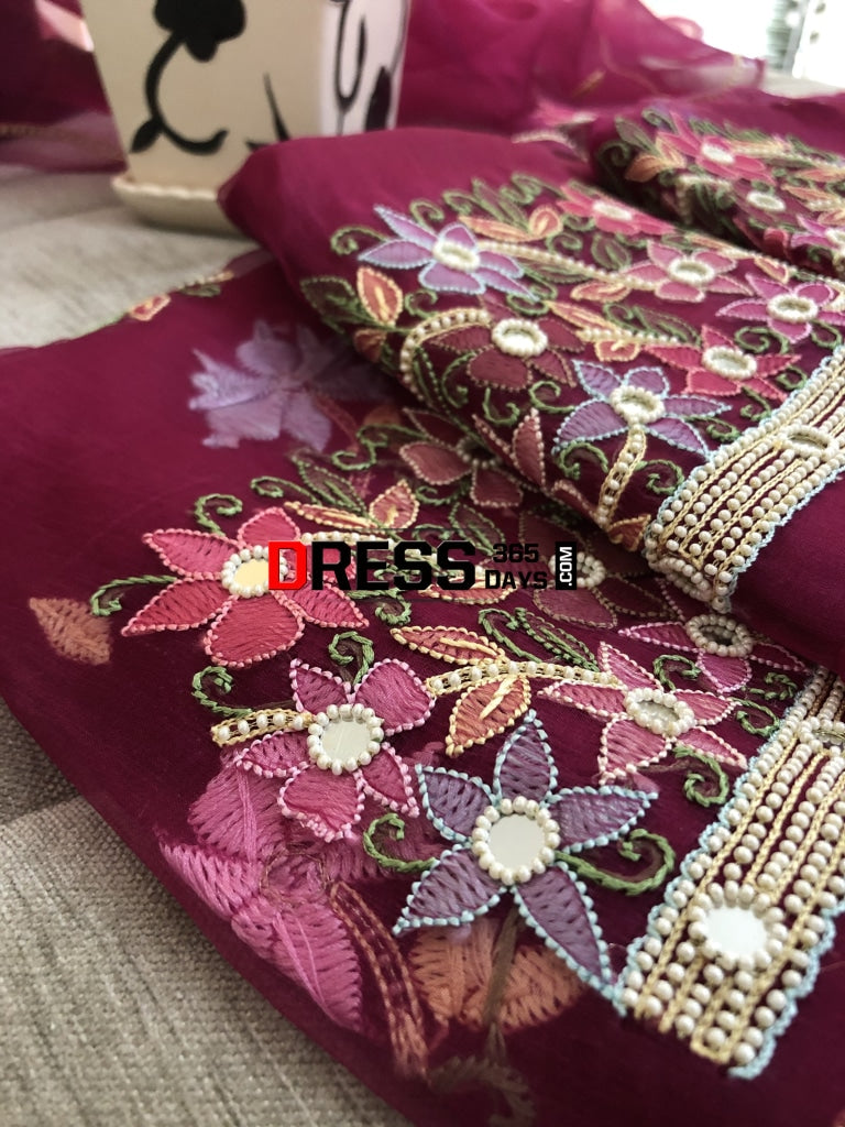 Wine Organza Pearl Chikankari Suit Suits