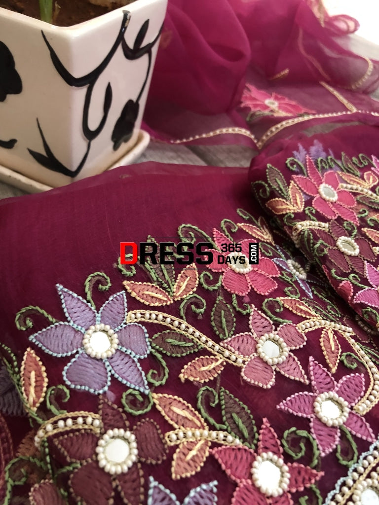 Wine Organza Pearl Chikankari Suit Suits