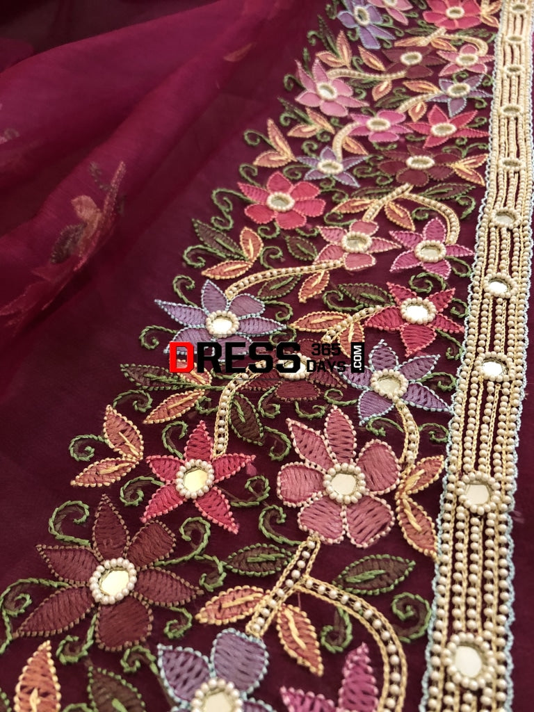 Wine Organza Pearl Chikankari Suit Suits