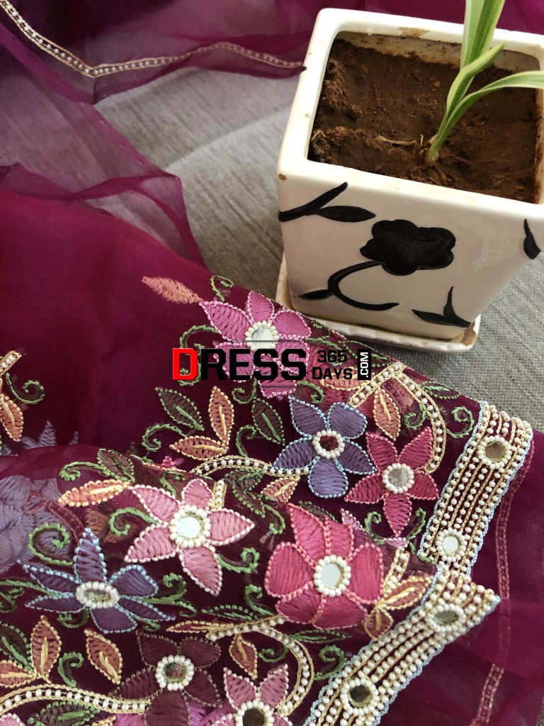 Wine Organza Pearl Chikankari Suit Suits