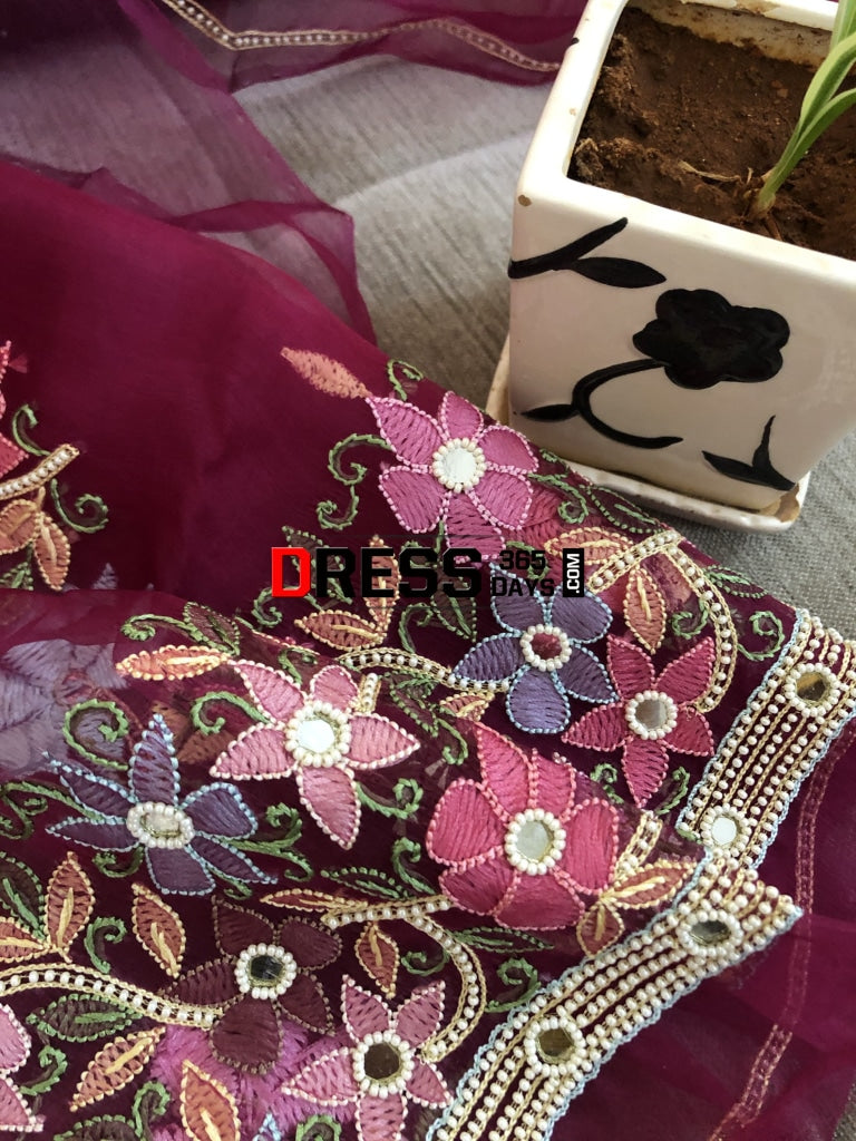 Wine Organza Pearl Chikankari Suit Suits