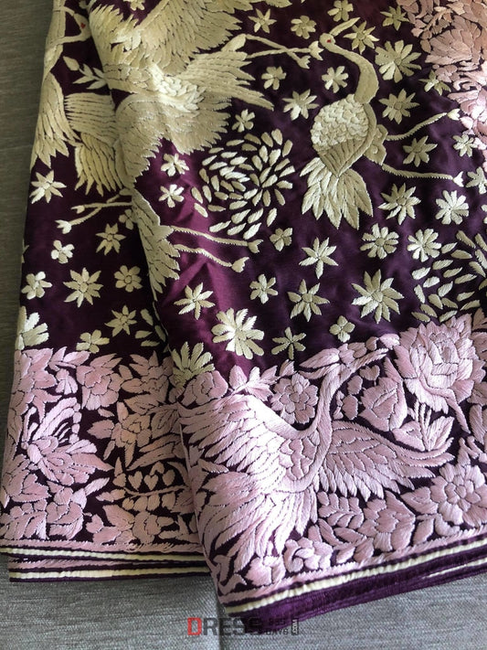 Wine Parsi Gara Dupatta With Pink Border- Crepe Silk