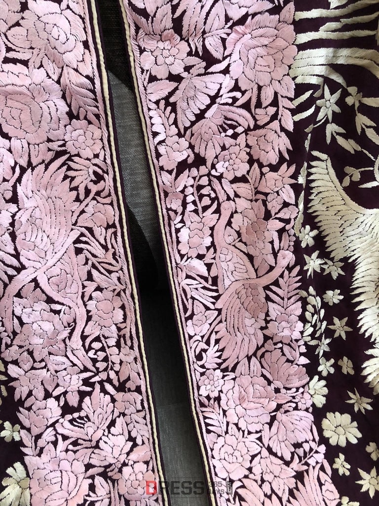 Wine Parsi Gara Dupatta With Pink Border- Crepe Silk