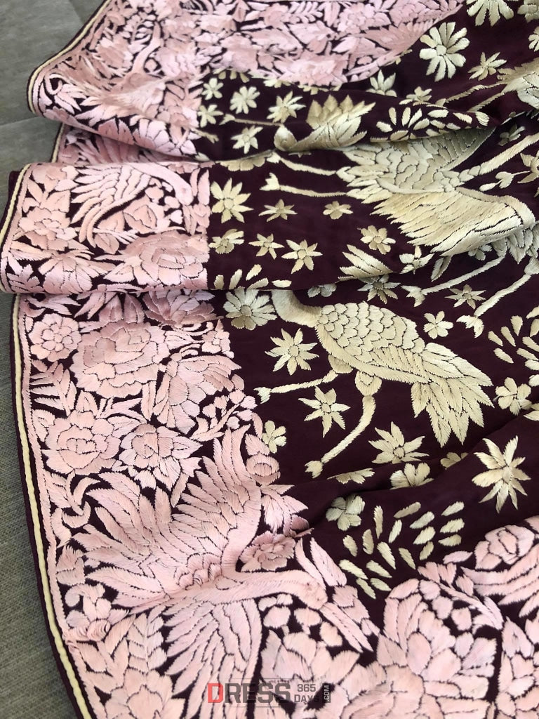 Wine Parsi Gara Dupatta With Pink Border- Crepe Silk