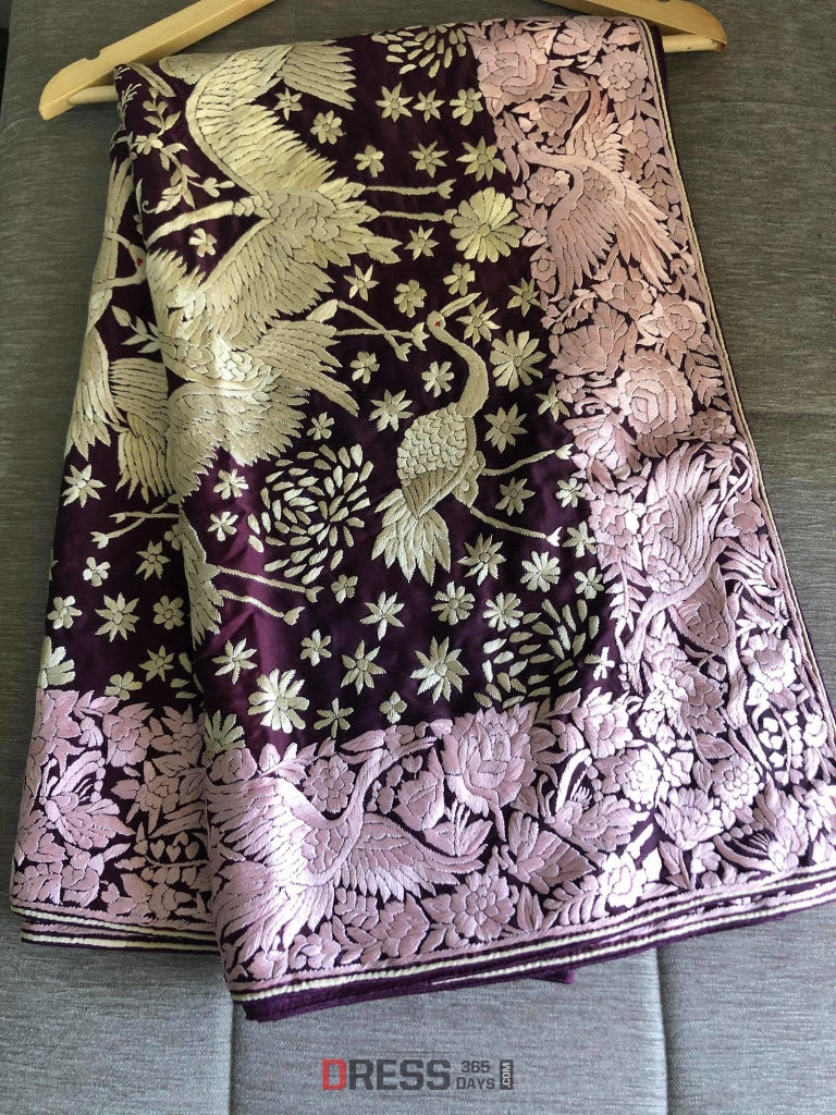 Wine Parsi Gara Dupatta With Pink Border- Crepe Silk