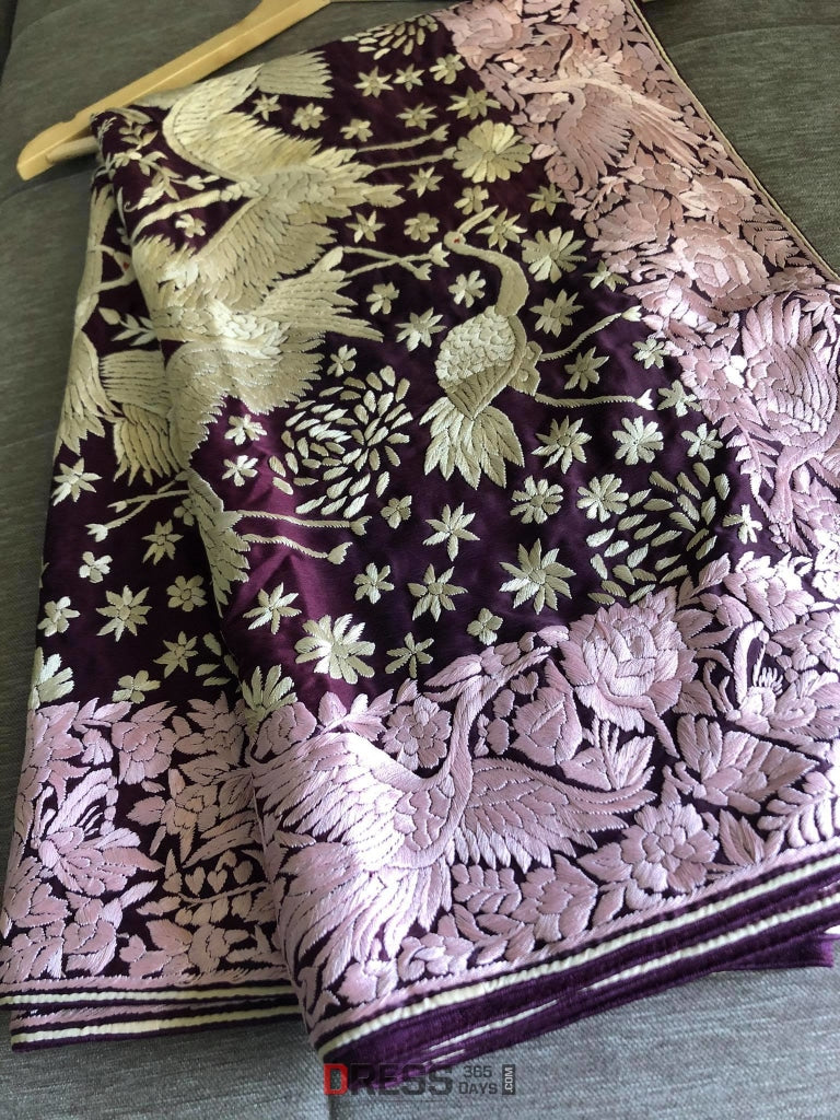 Wine Parsi Gara Dupatta With Pink Border- Crepe Silk