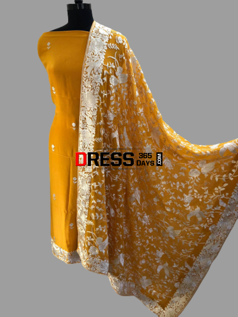Yellow And Ivory Hand Embroidered Parsi Gara Suit (Three Piece) Suits