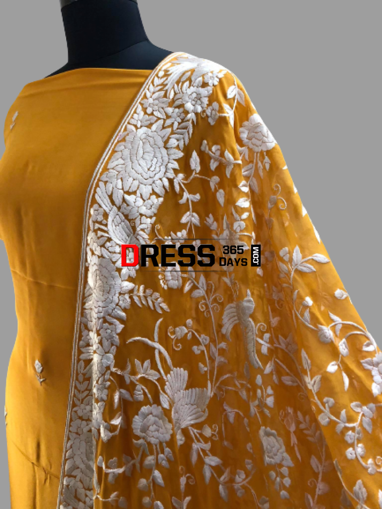 Yellow And Ivory Hand Embroidered Parsi Gara Suit (Three Piece) Suits