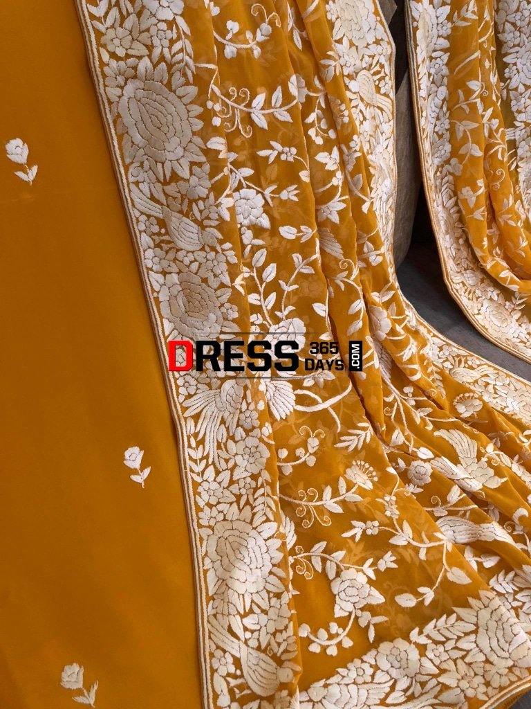 Yellow And Ivory Hand Embroidered Parsi Gara Suit (Three Piece) Suits