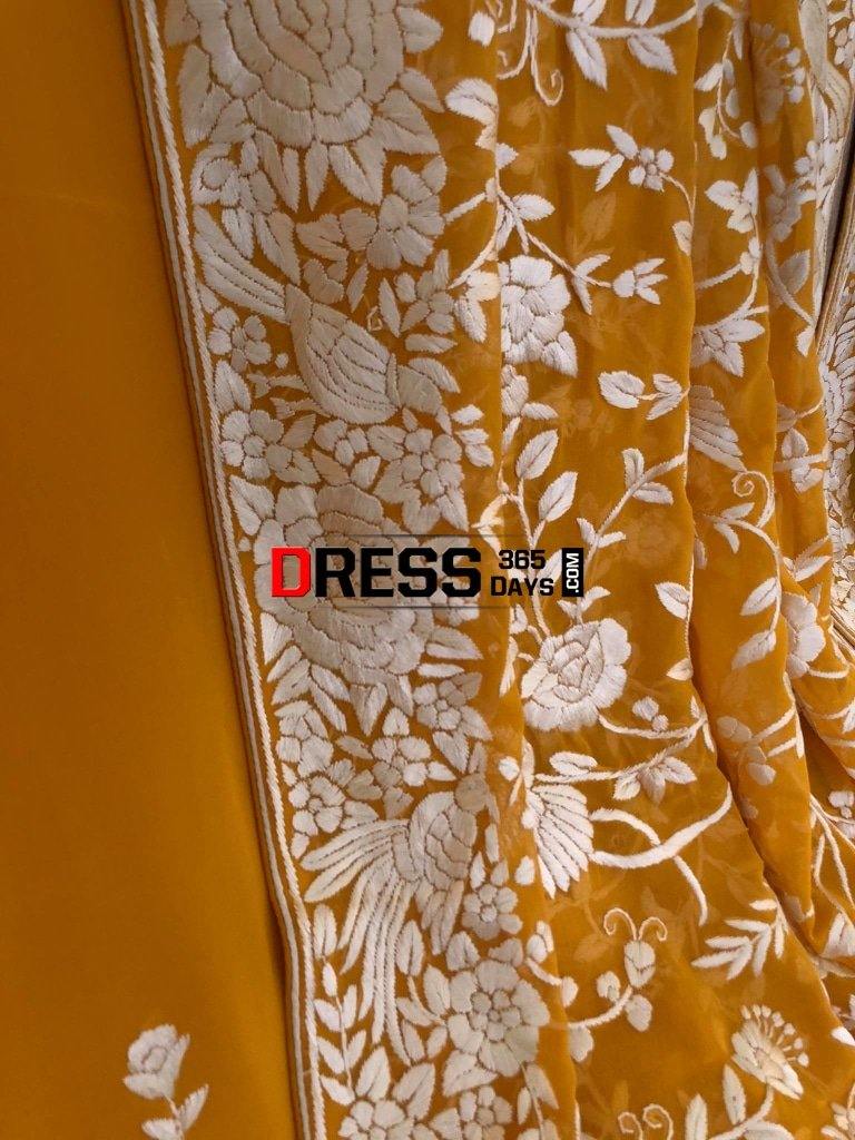 Yellow And Ivory Hand Embroidered Parsi Gara Suit (Three Piece) Suits