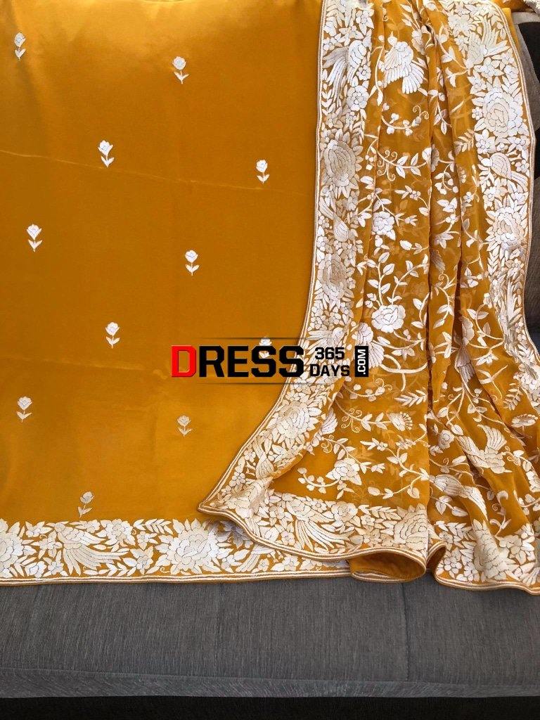 Yellow And Ivory Hand Embroidered Parsi Gara Suit (Three Piece) Suits
