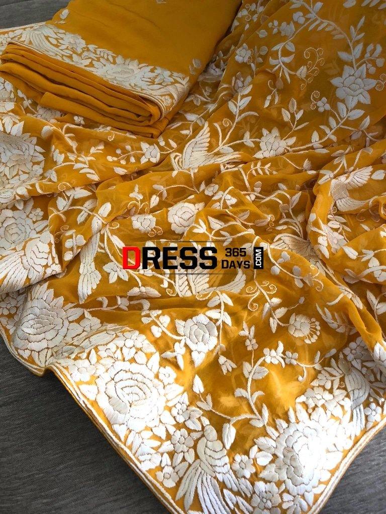 Yellow And Ivory Hand Embroidered Parsi Gara Suit (Three Piece) Suits