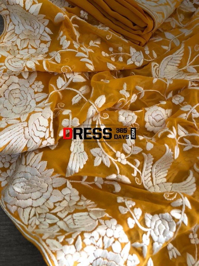 Yellow And Ivory Hand Embroidered Parsi Gara Suit (Three Piece) Suits