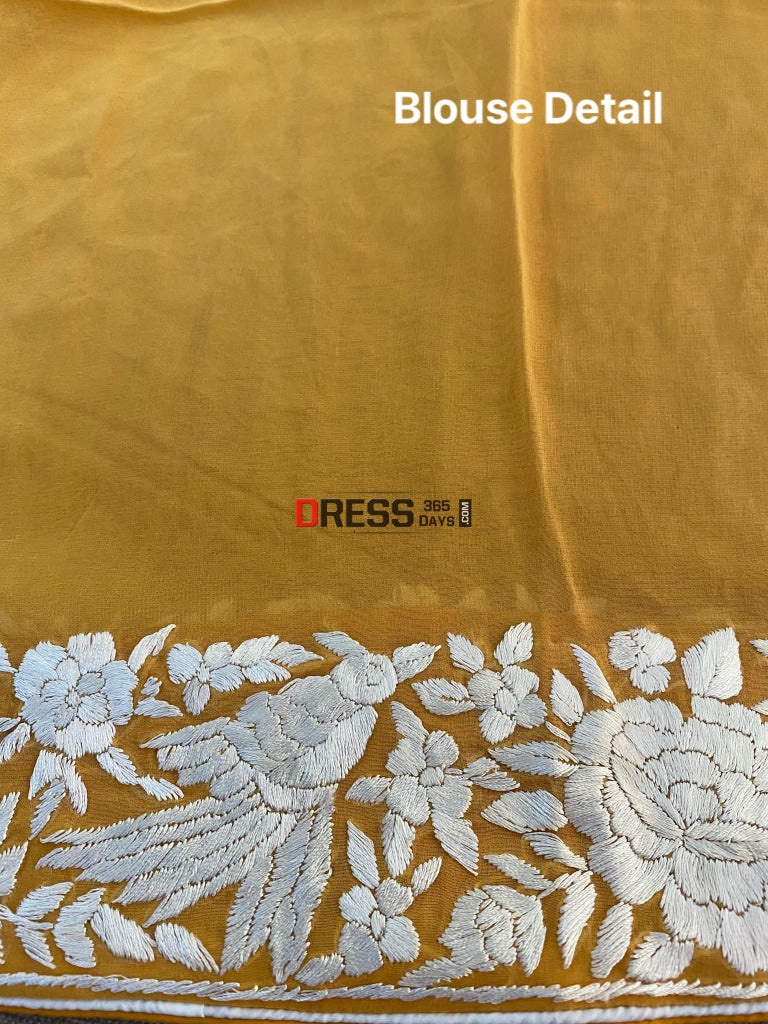 Yellow And Ivory Parsi Gara Hand Embroidered Saree