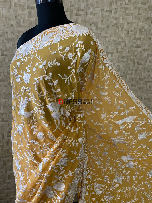 Yellow And Ivory Parsi Gara Hand Embroidered Saree