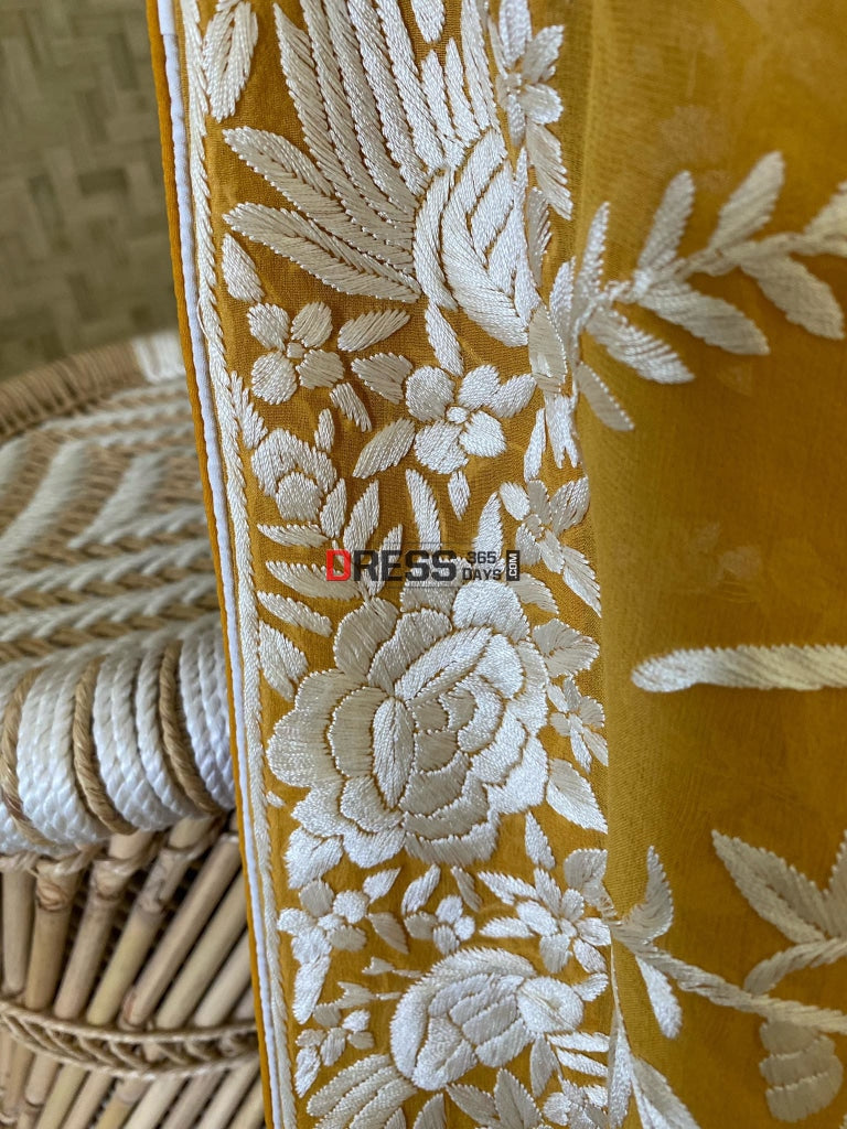 Yellow And Ivory Parsi Gara Hand Embroidered Saree