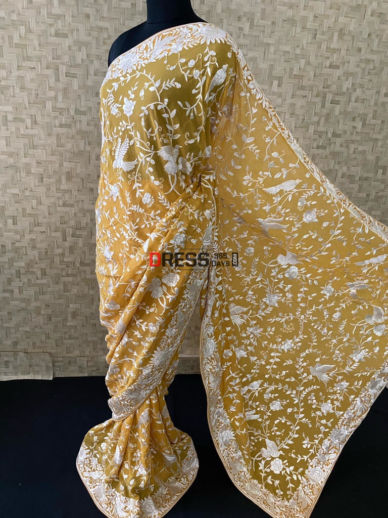 Yellow And Ivory Parsi Gara Hand Embroidered Saree