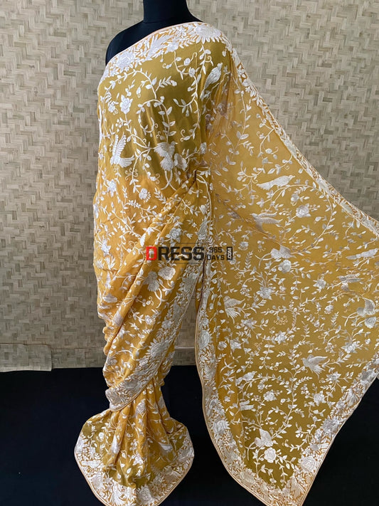 Yellow And Ivory Parsi Gara Hand Embroidered Saree